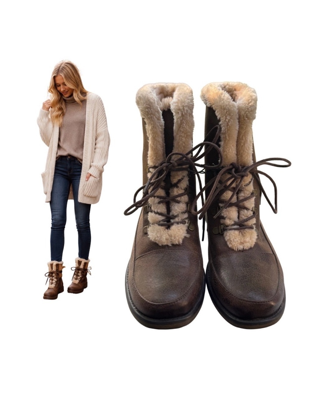 BARETRAPS Brown Leather Faux Shearling Lace-Up Winter Boots Size 10 NEW